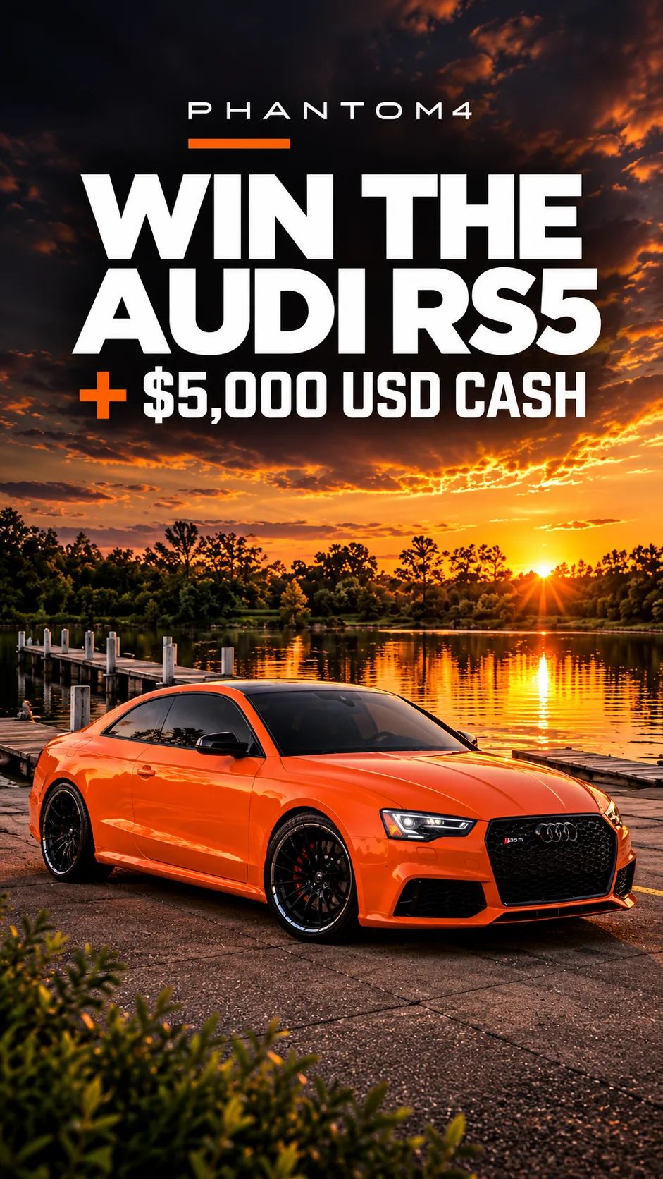 Orange Audi RS5 at a lakeside dock at sunset — Win the Audi RS5 + $5,000 USD cash
